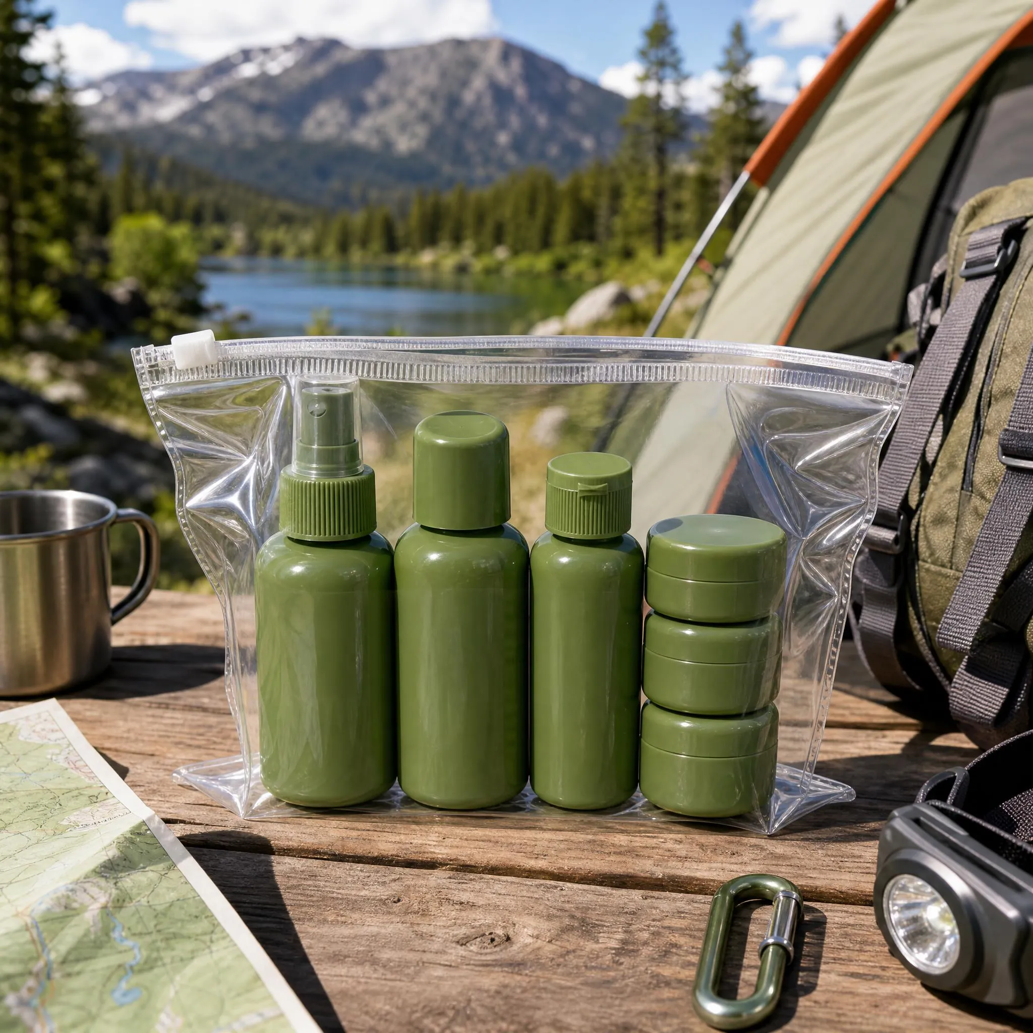 blue PET travel spray bottle being used for facial mist during outdoor camping trip