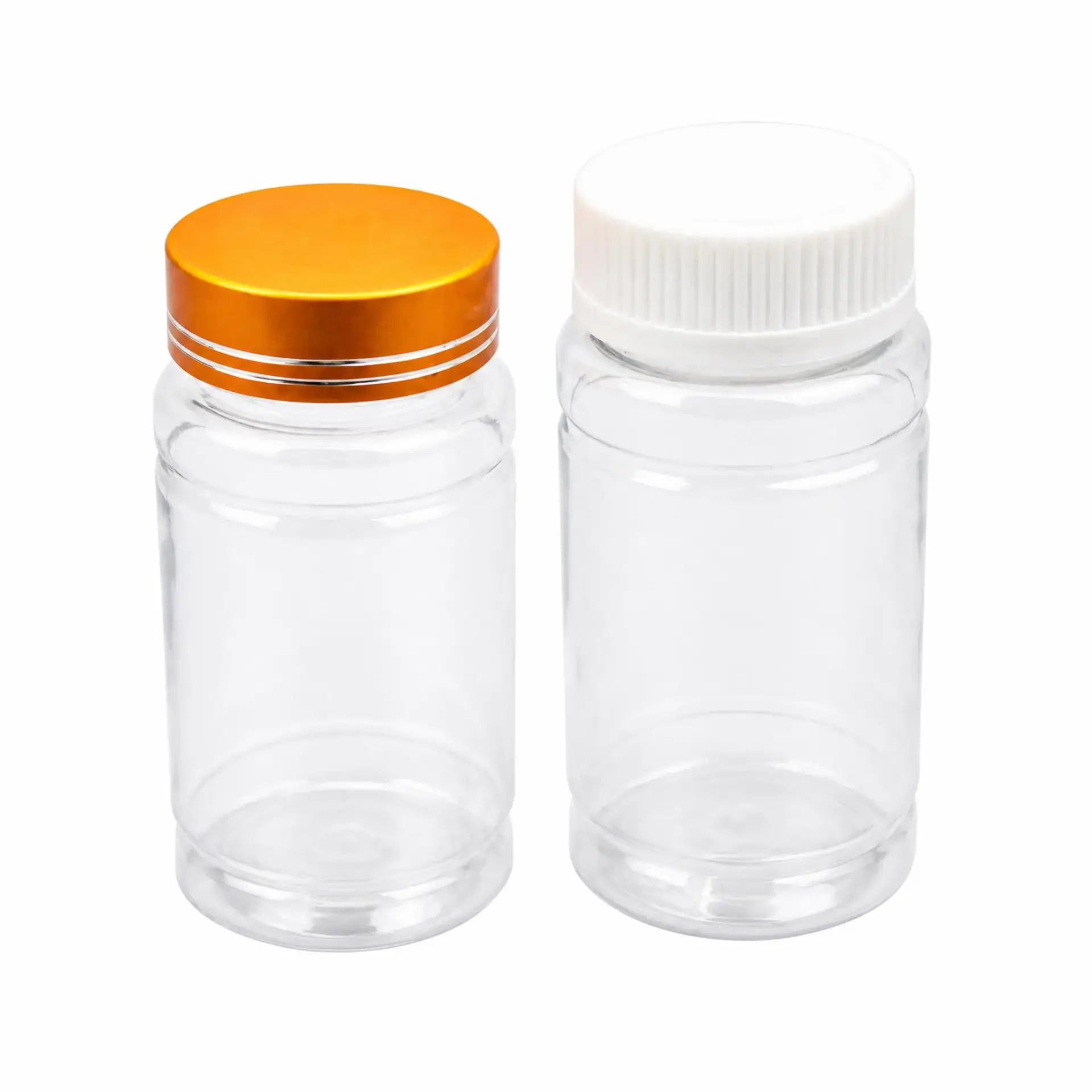 two clear pet bottles with different caps side by side wholesale plastic bottle manufacturer custom OEM