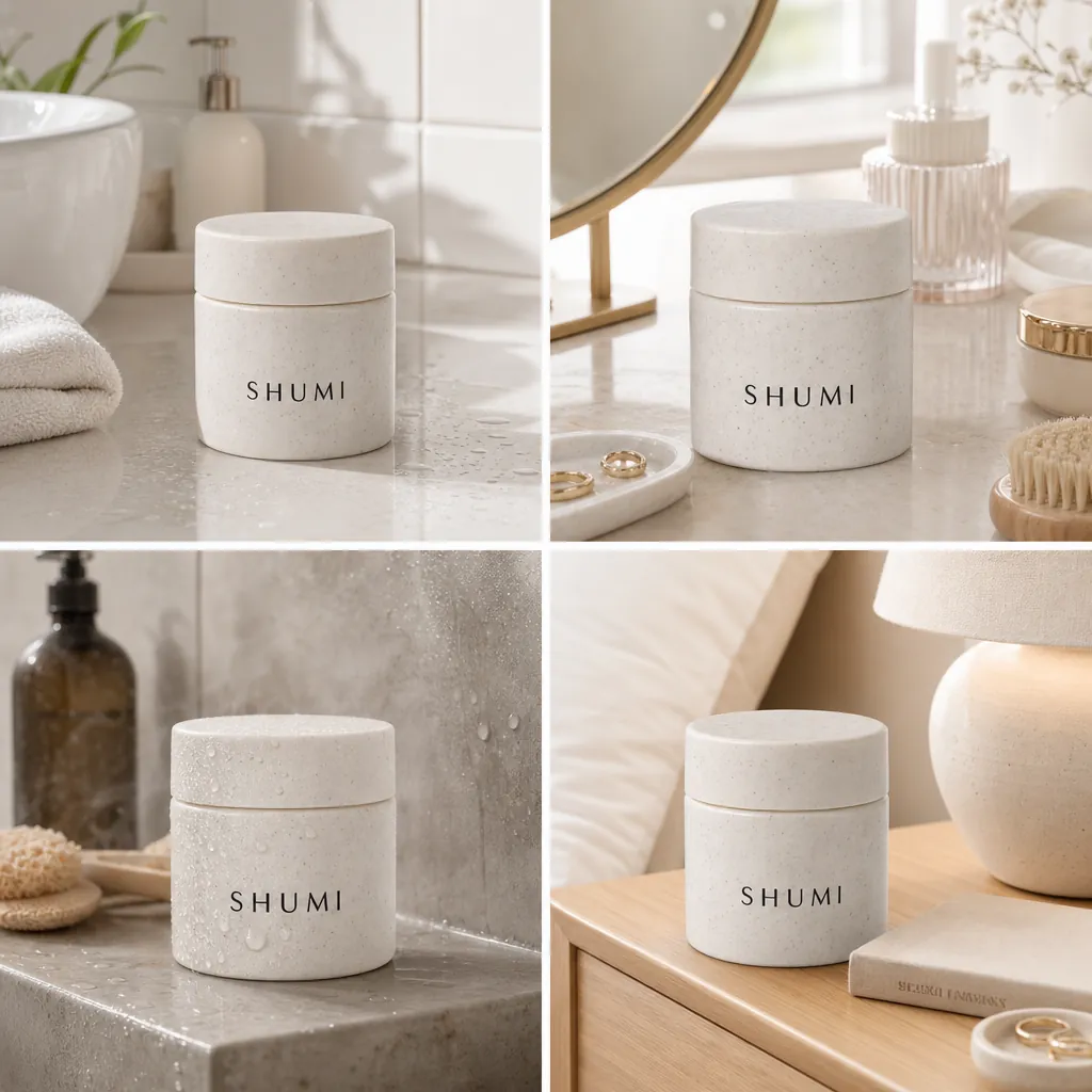 4 grid collage wheat straw cream jar real use scenarios bathroom vanity shower