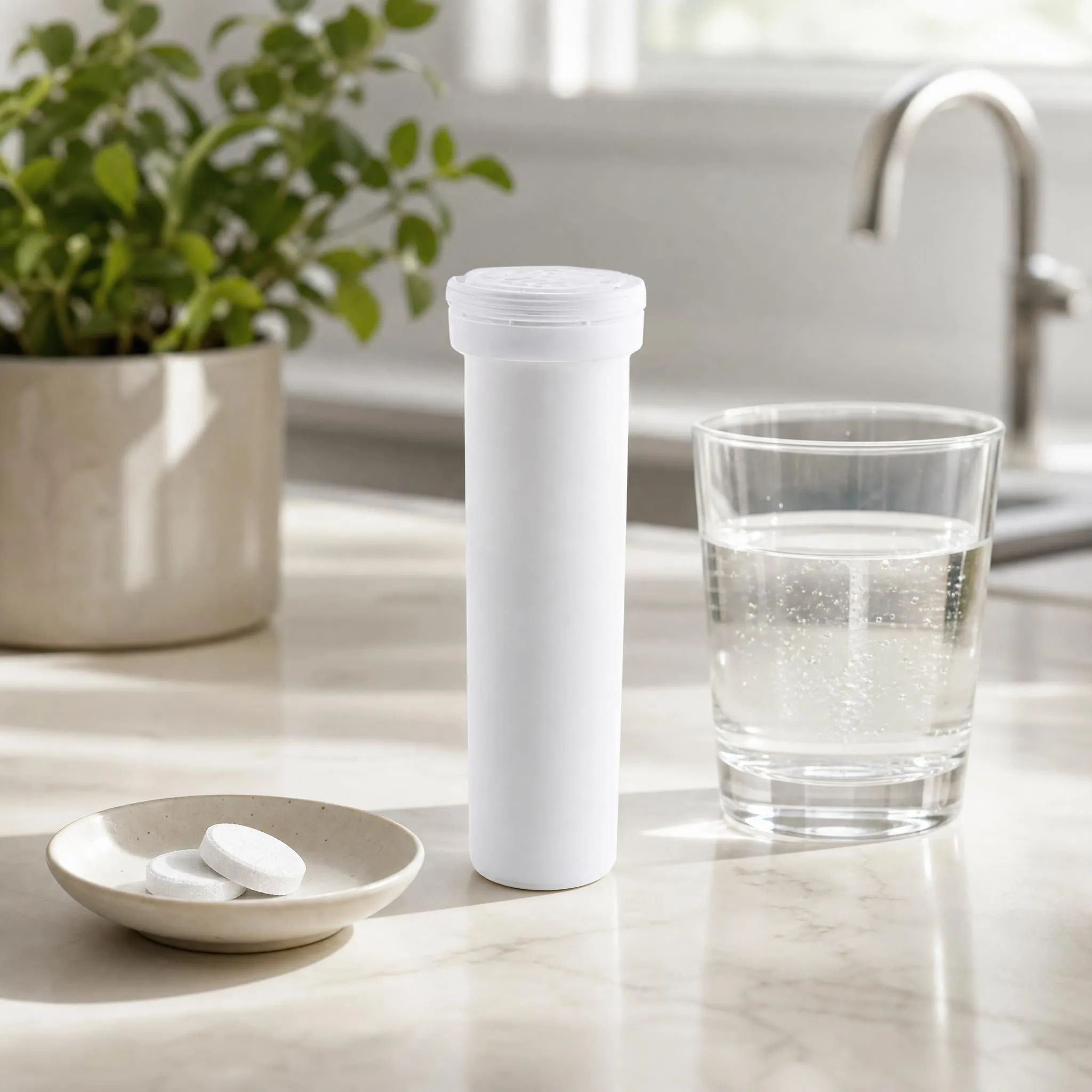 White food grade PP effervescent tablet tube with desiccant cap on kitchen counter with glass of water and VC tablets