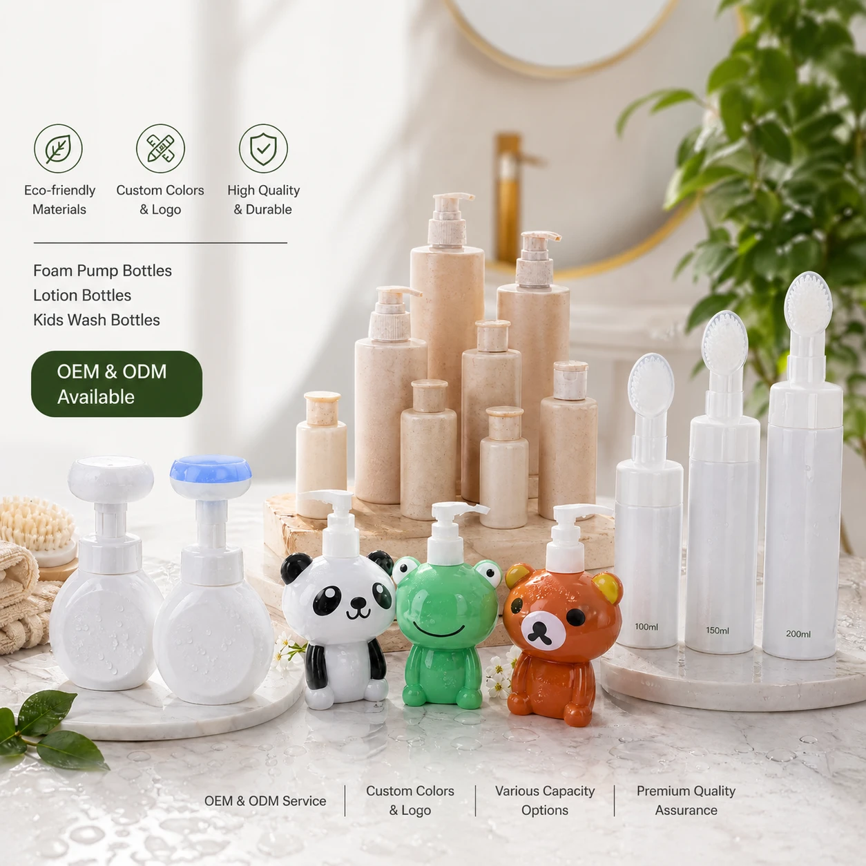 Eco-friendly plastic foam pump bottles and cute animal-shaped kids wash containers including panda, frog, and bear designs on a marble vanity.