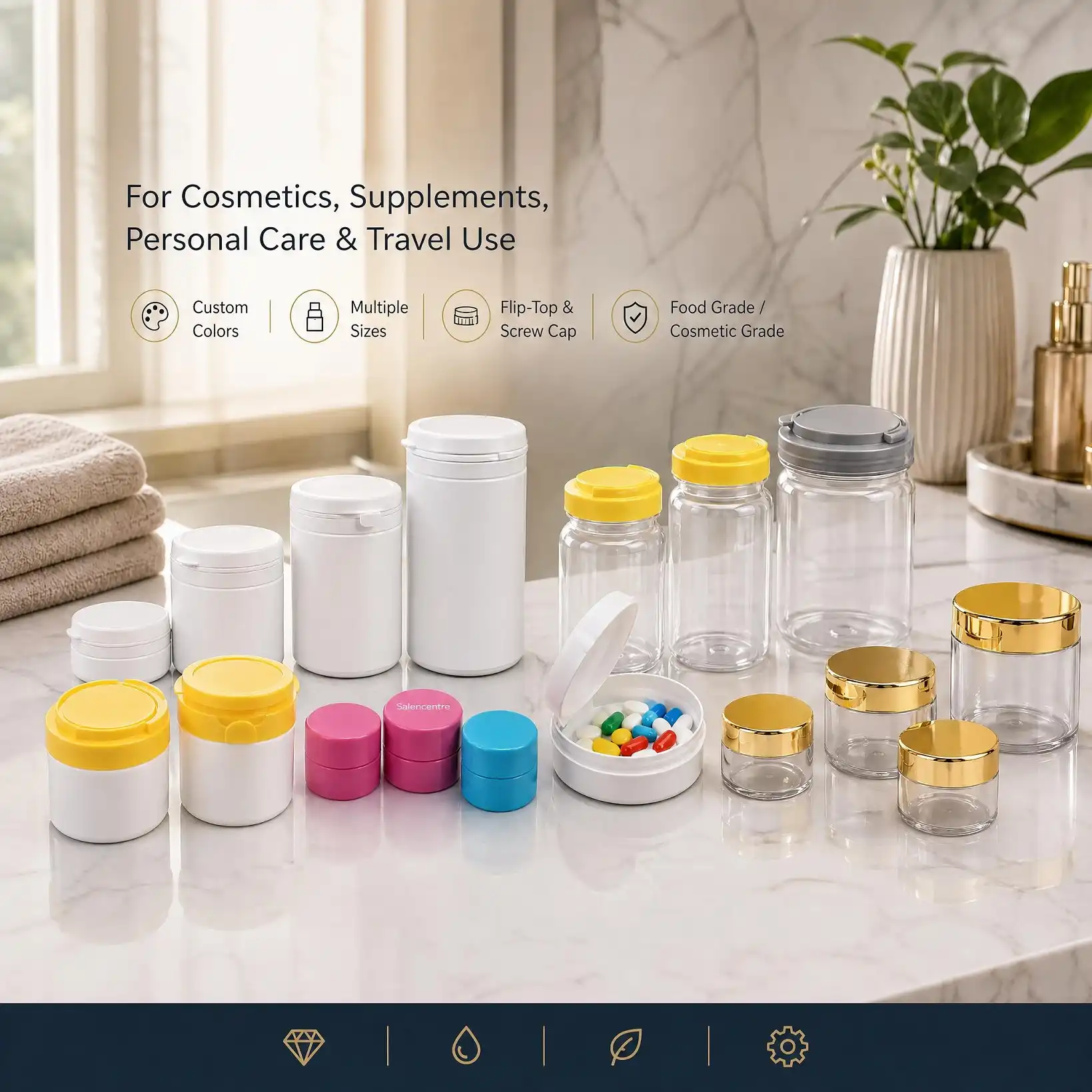 A series of wide-mouth plastic jars and cream pots with flip-top caps and shiny gold lids showing colorful supplement pills inside.